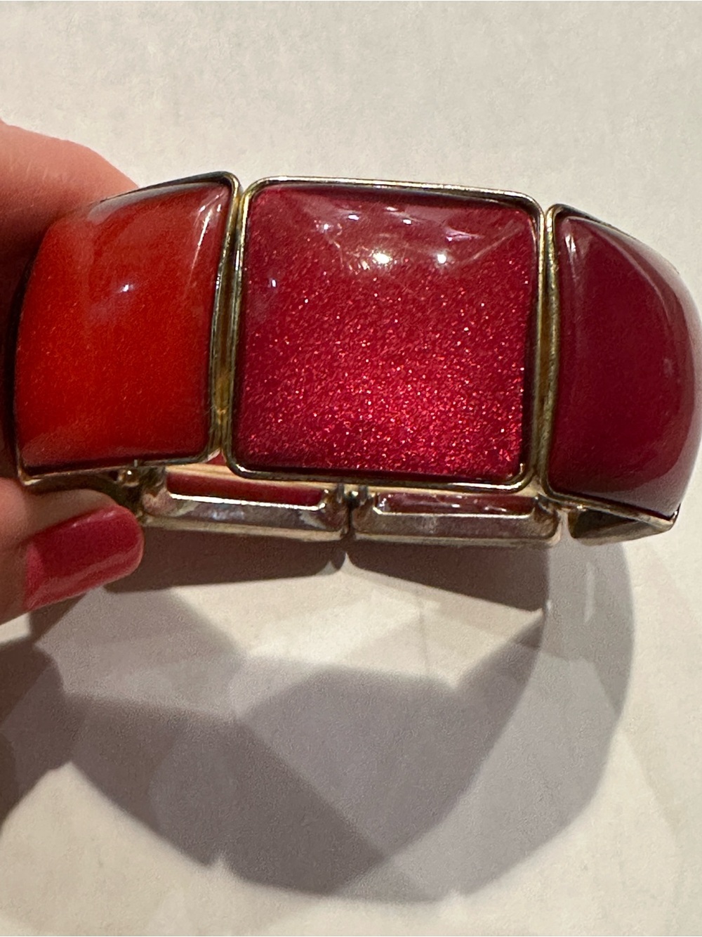 Fuschia Colored Enamel Stretch Bracelet with Gold-Tone Frames